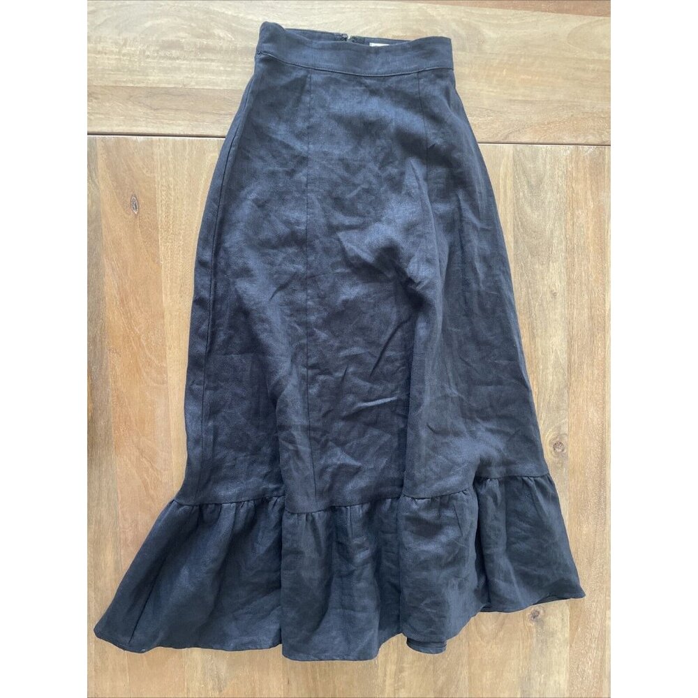 Reformation 100% Linen Midi Skirt Womens 0 Hi Waist Below Knee Ruffle Back Zip